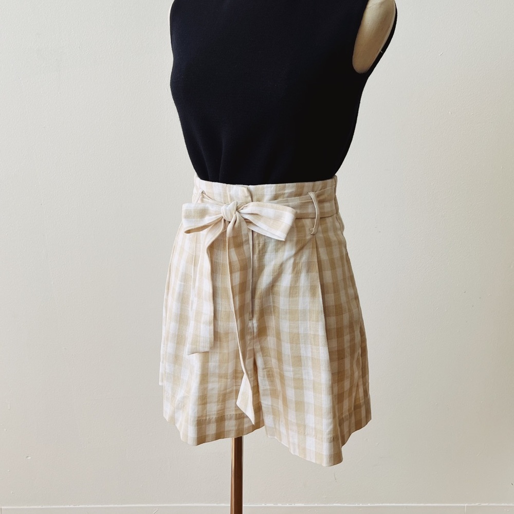 ZARA Buffalo Check Plaid High Rise Tie Waist Shorts Cotton/Viscose White…